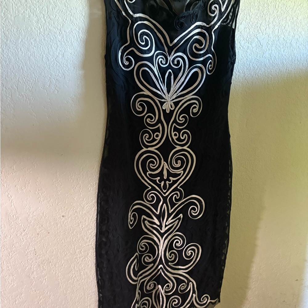 Black Sleeveless Sheath Dress with Silver Embroidery